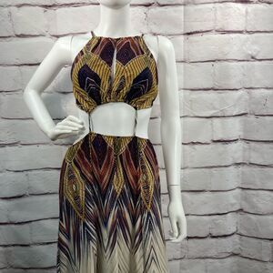 Hot Miami Styles Halter Cut Out Maxi Dress SZ L High Slits Adjustable Straps